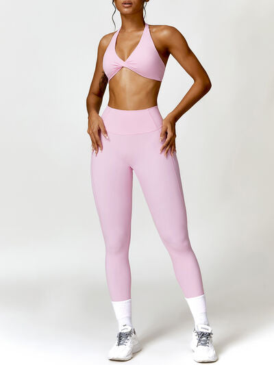 swvws Twisted Halter Neck Bra and High Waist Leggings Active Set