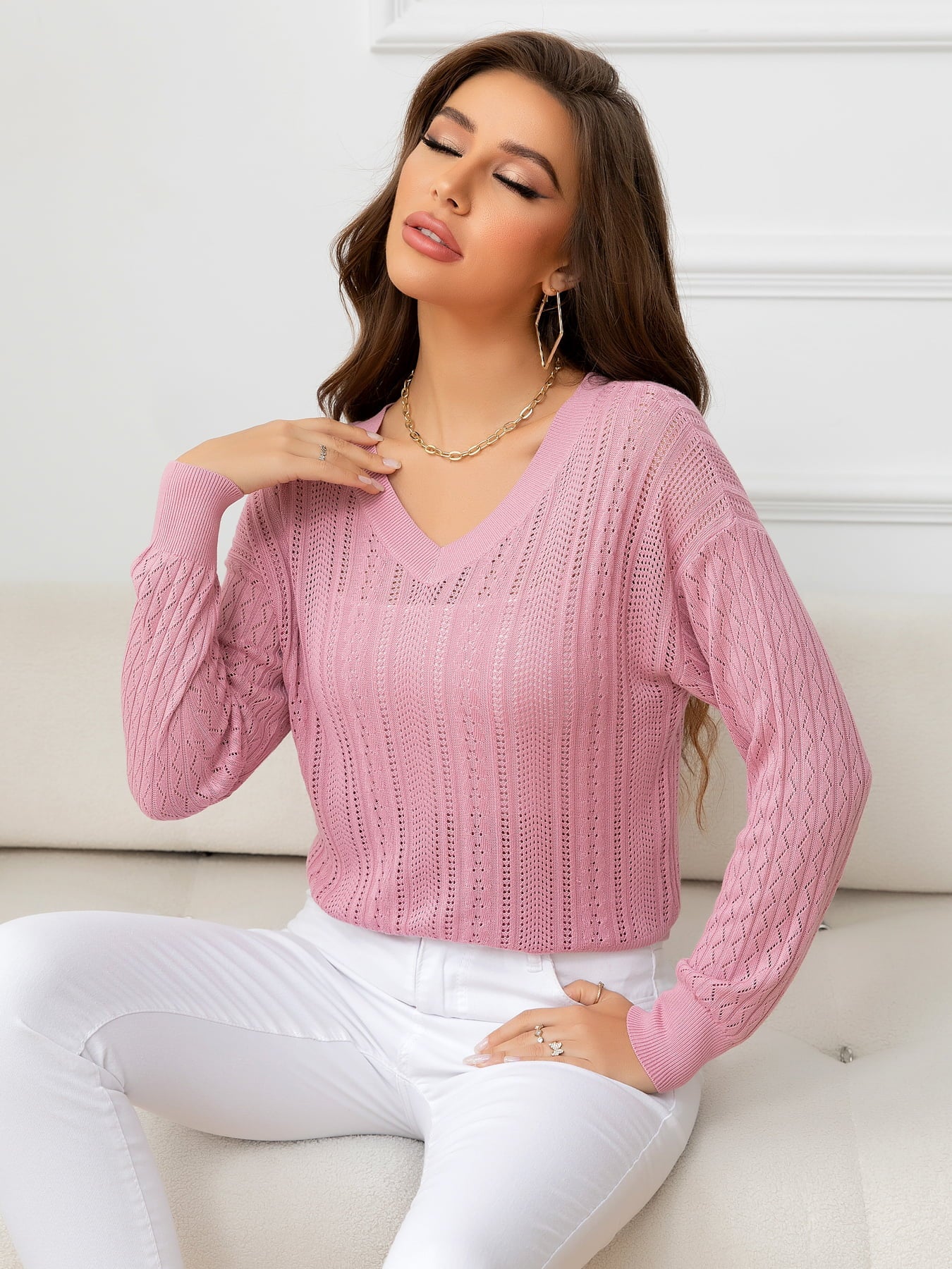 swvws V-Neck Long Sleeve Eyelet Knit Top