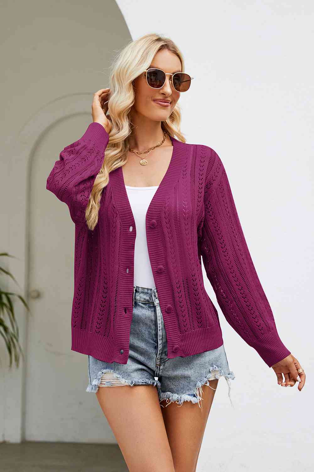 swvws Openwork Button Front V-Neck Cardigan