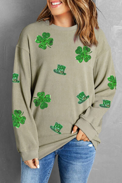 swvws Lucky Clover Sequin Round Neck Sweatshirt