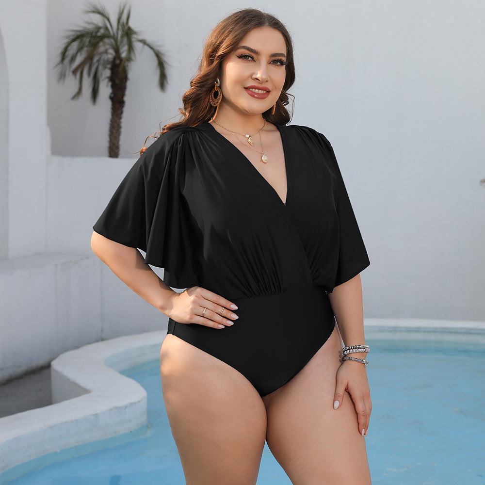 swvws Plus Size Ruched Surplice Neck One-Piece Swimsuit