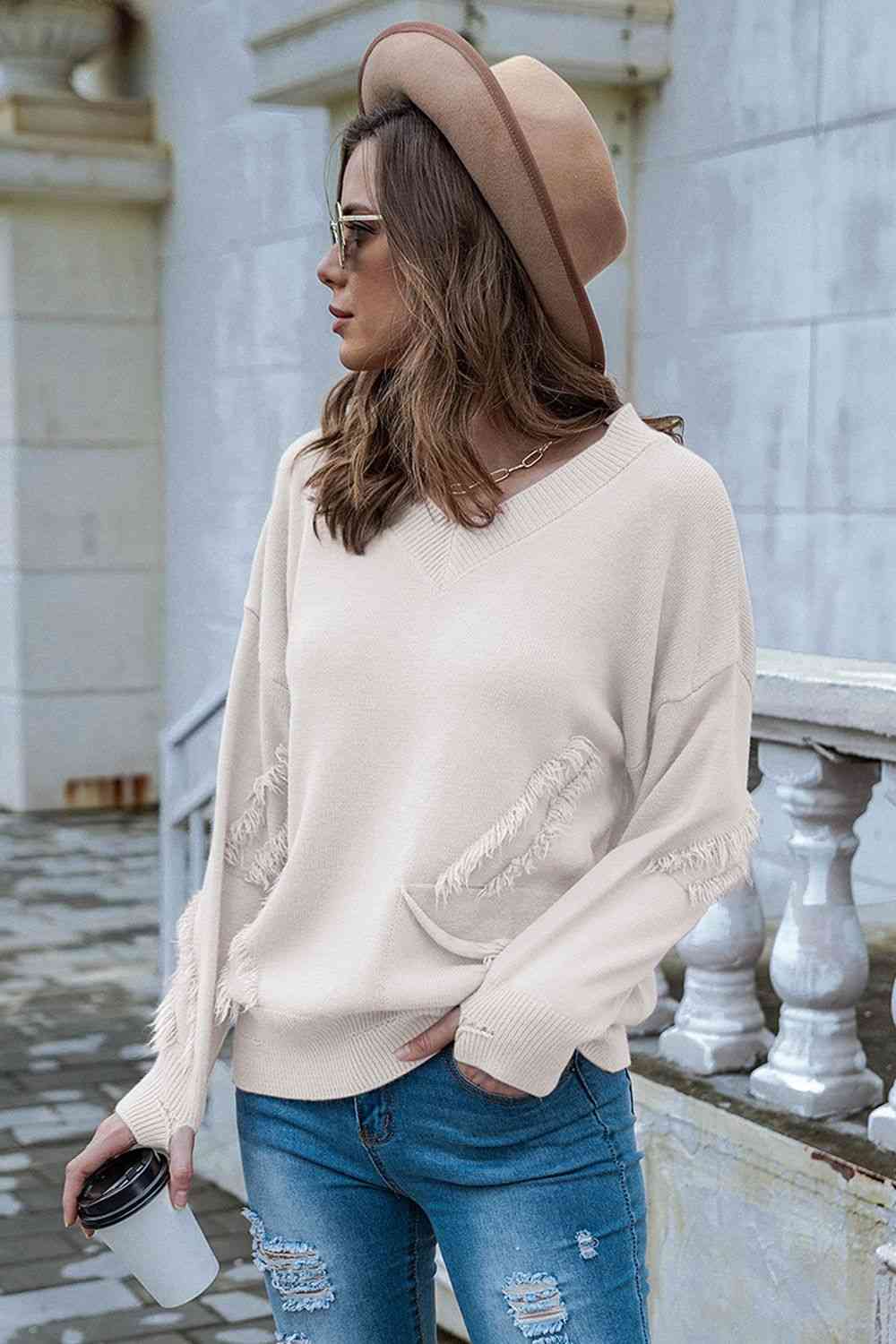 swvws V-Neck Raw Hem Dropped Shoulder Sweater