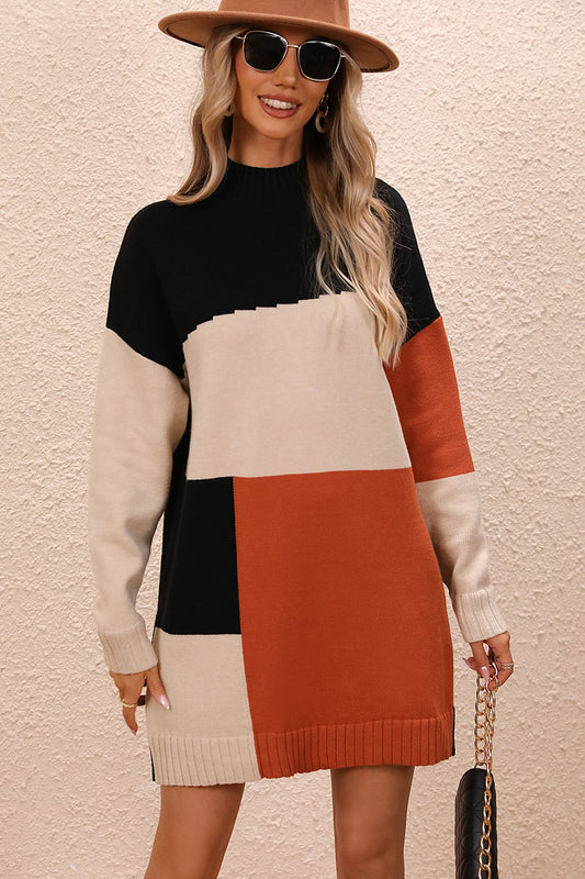 swvws Color Block Mock Neck Dropped Shoulder Sweater Dress