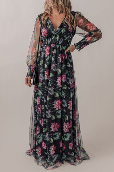 swvws Somcked Floral V-Neck Long Sleeve Dress