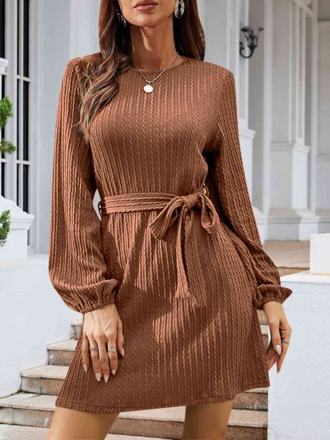 swvws Round Neck Tie Front Long Sleeve Dress