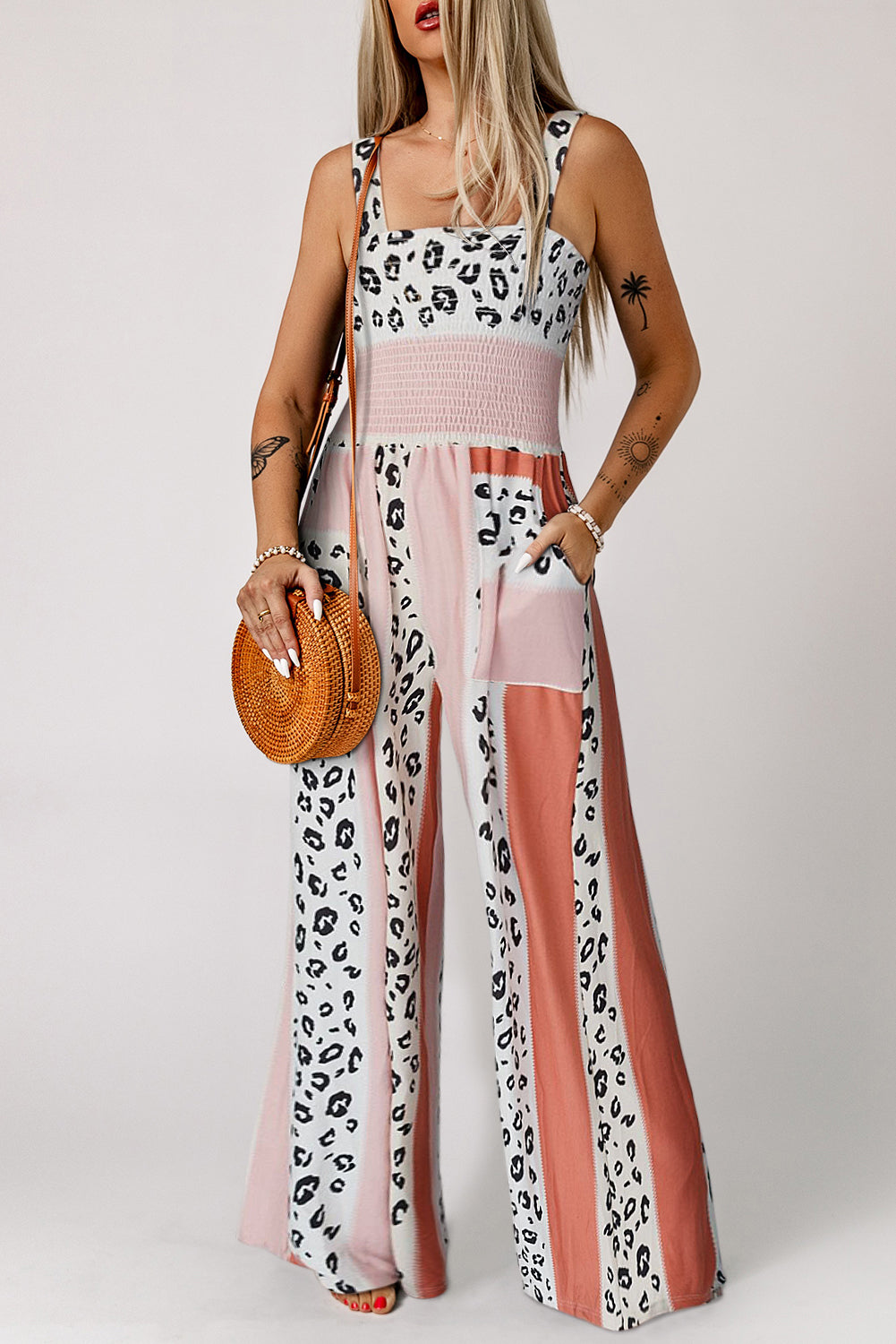 swvws Leopard Color Block Smocked Jumpsuit