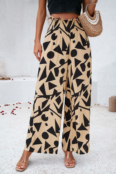 swvws Smocked Printed Wide Leg Pants with Pockets