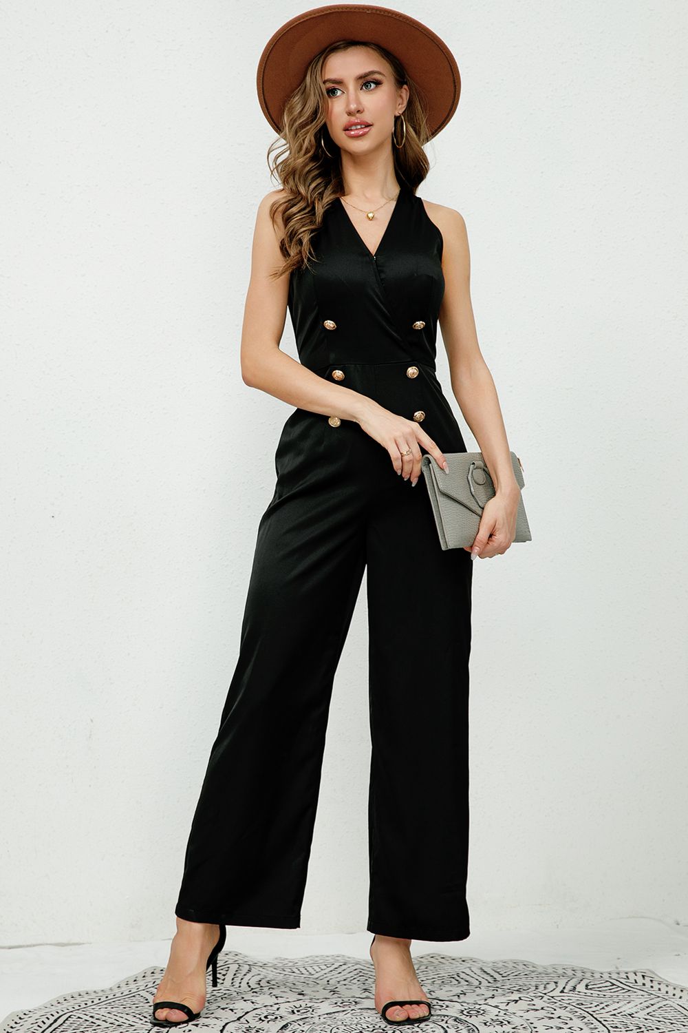 swvws V-Neck Sleeveless Decorative Buttons Jumpsuit