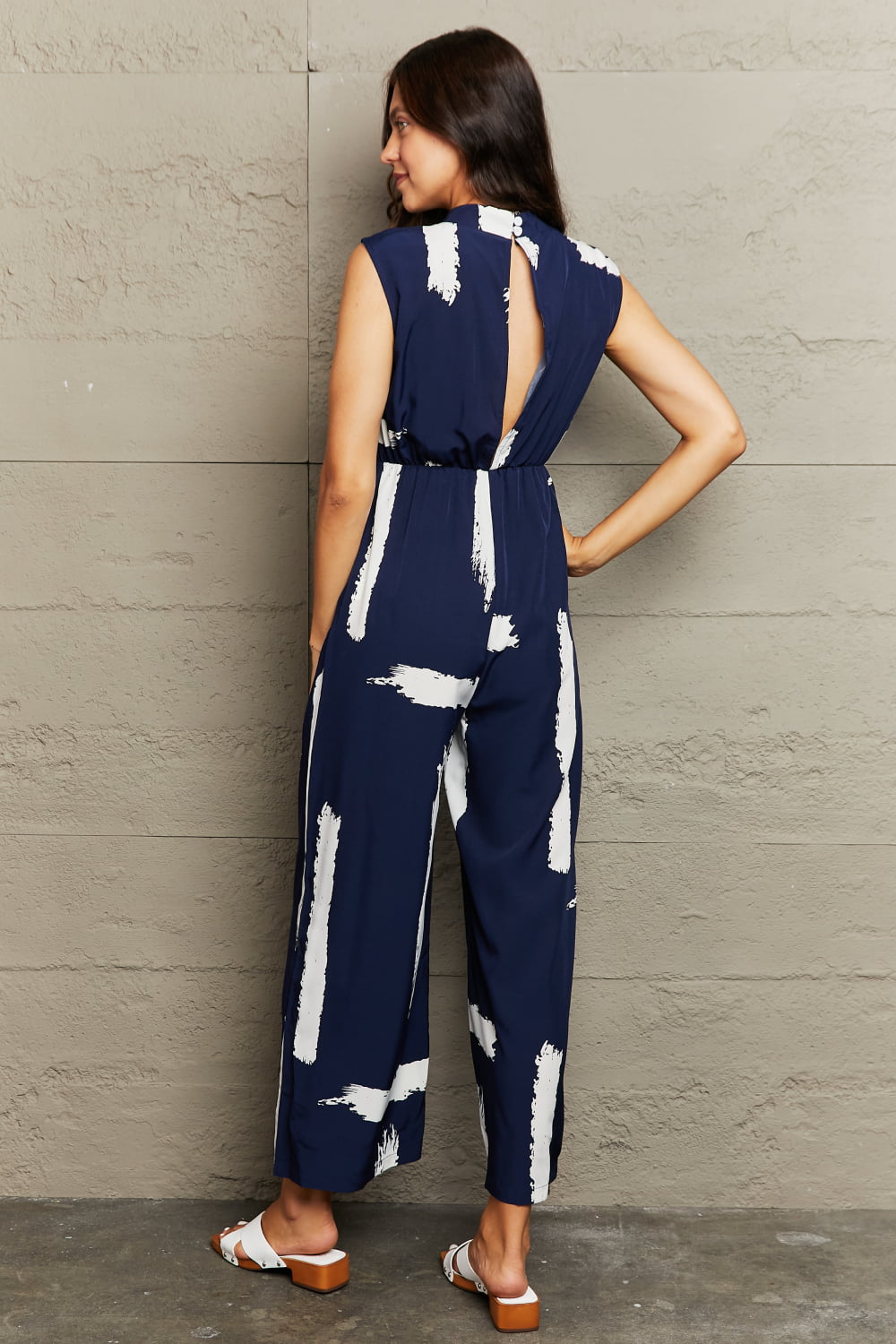 swvws Printed Round Neck Cutout Jumpsuit with Pockets