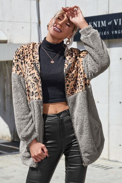 swvws Leopard Zip Up Dropped Shoulder Hoodie