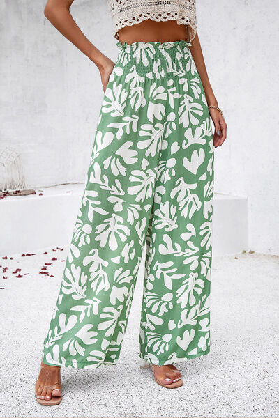 swvws Smocked Printed Wide Leg Pants with Pockets