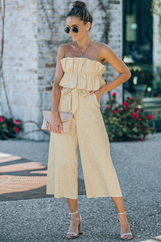 swvws Ruffled Strapless Wide Leg Jumpsuit