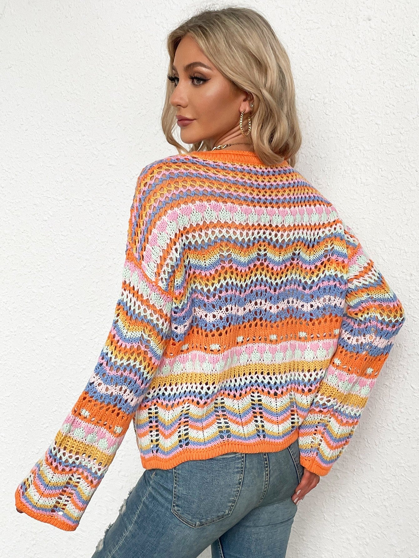 swvws Rainbow Stripe Openwork Flare Sleeve Knit Top