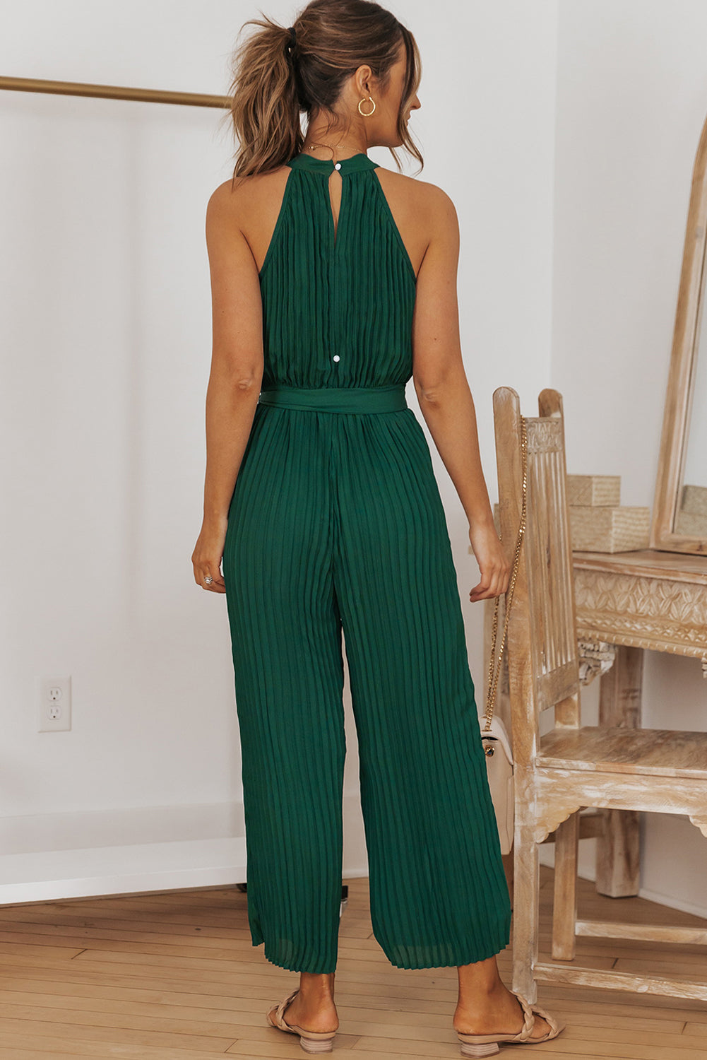 swvws Accordion Pleated Belted Grecian Neck Sleeveless Jumpsuit