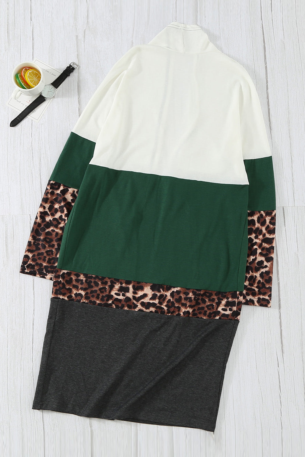 swvws Leopard Color Block Open Front Longline Cardigan