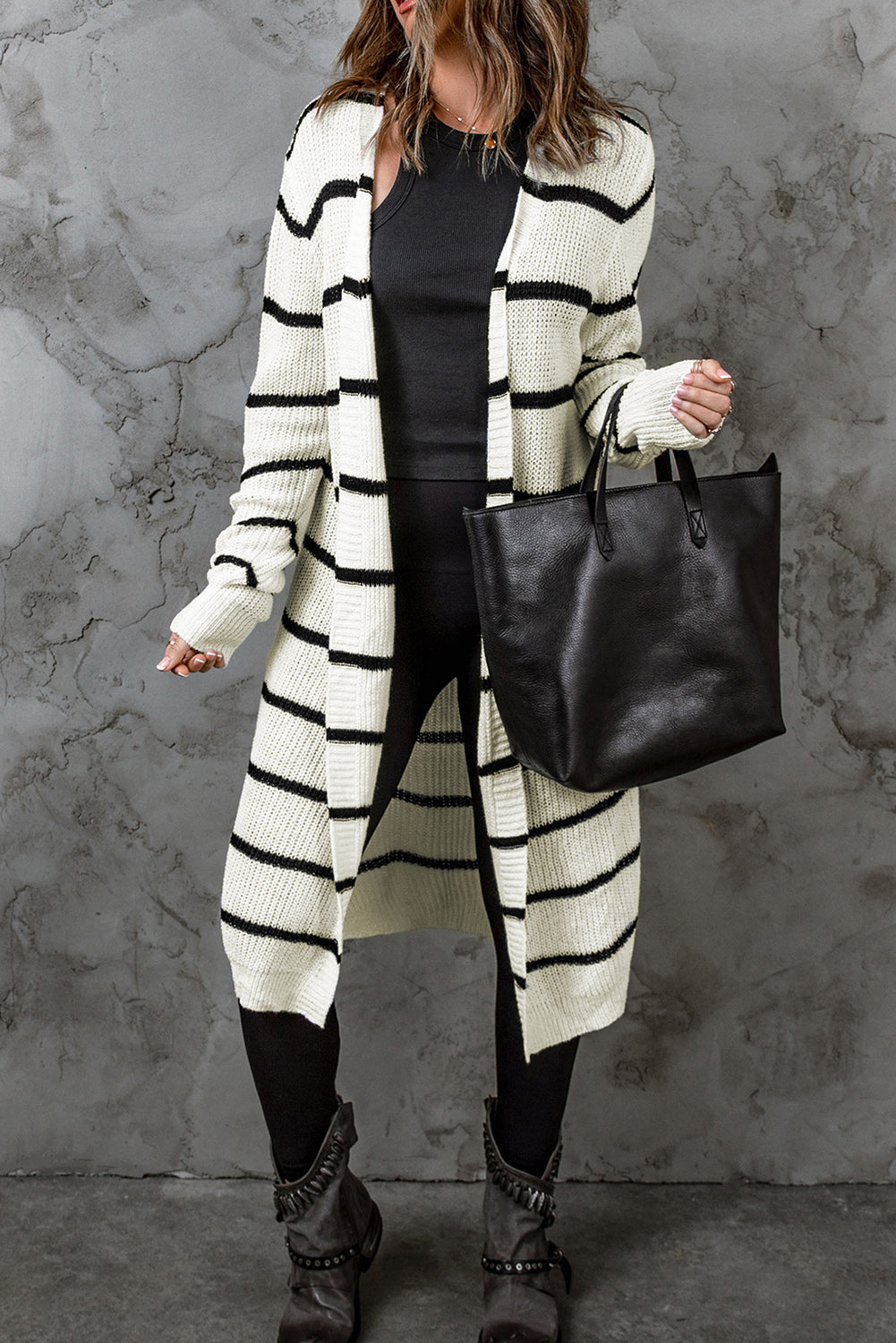 swvws Striped Open Front Rib-Knit Duster Cardigan