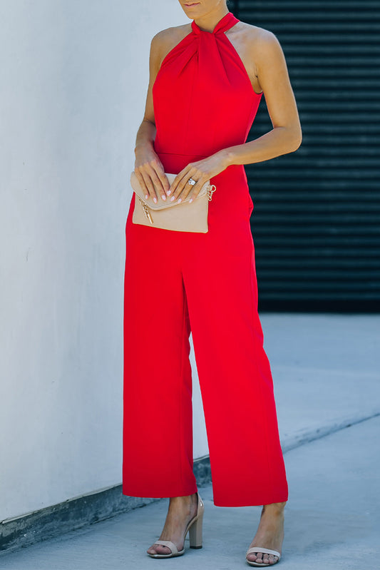 swvws Twisted Grecian Neck Wide Leg Jumpsuit