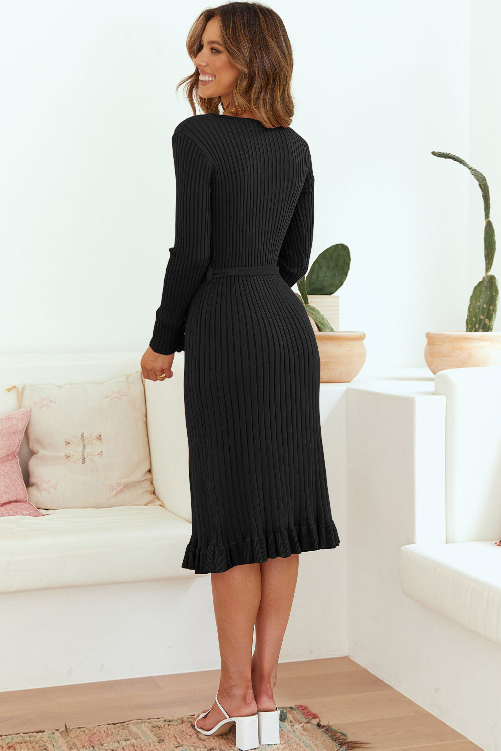 swvws Ribbed V-Neck Tie Waist Pencil Dress