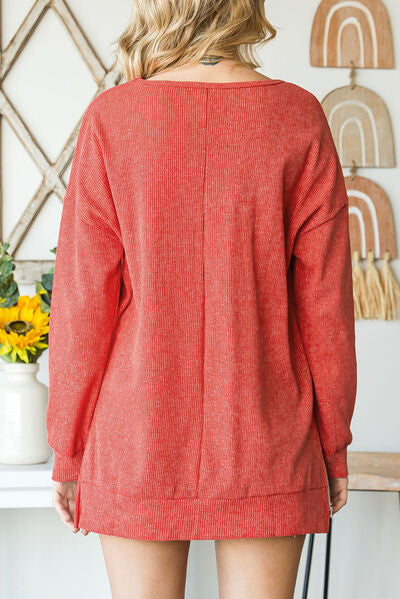 swvws Slit Waffle-Knit Boat Neck Long Sleeve Sweatshirt