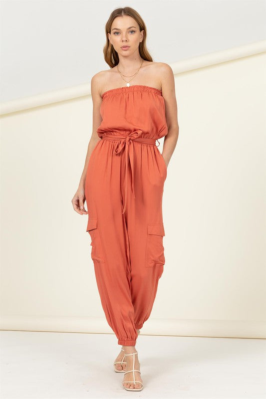 swvws Flap Pocket Side Belted Tube Jumpsuit