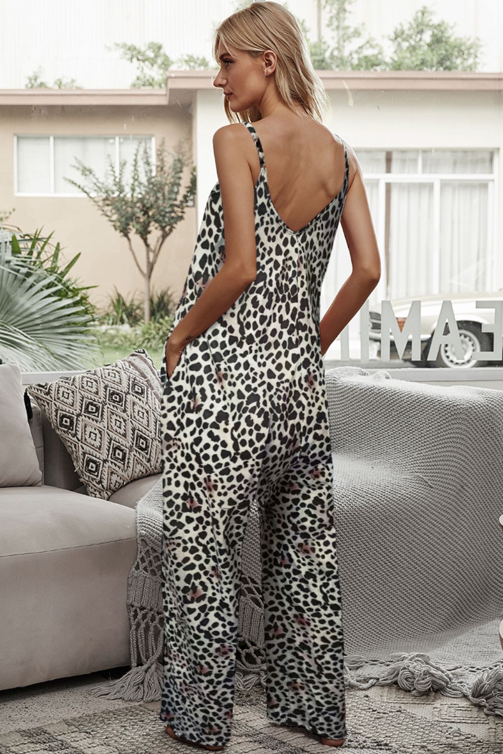 swvws Animal Print Spaghetti Strap Jumpsuit with Pockets