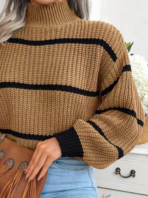 swvws Striped Mock Neck Dropped Shoulder Sweater