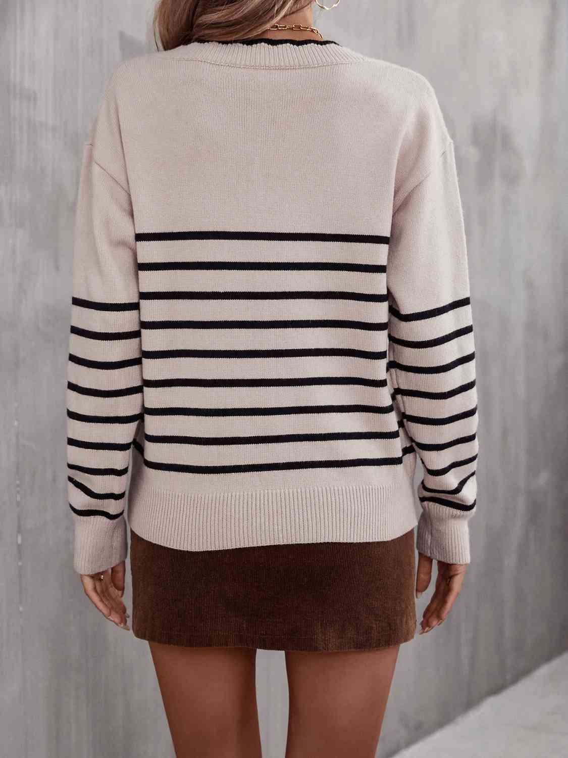 swvws Striped V-Neck Drop Shoulder Sweater