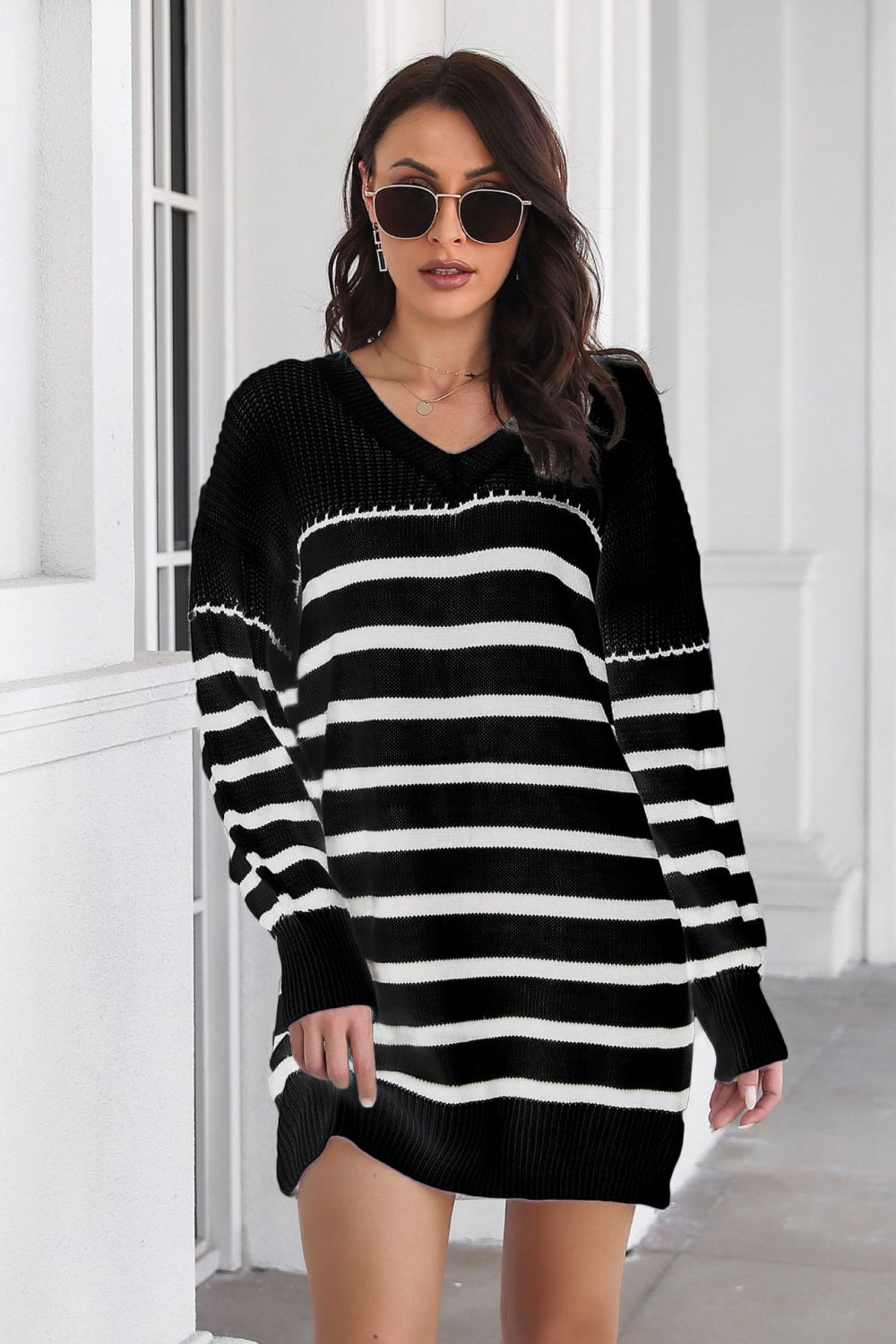 swvws Striped V-Neck Drop Shulder Sweater Dress