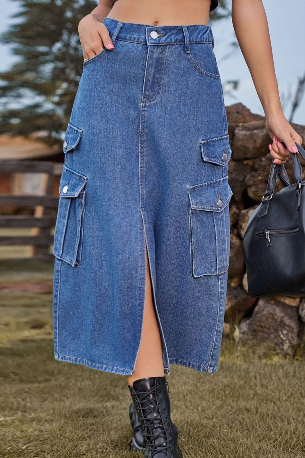 themeisles Slit Front Midi Denim Skirt with Pockets