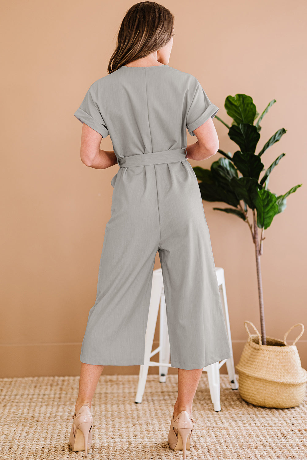 swvws Button Front Belted Cropped Jumpsuit with Pockets