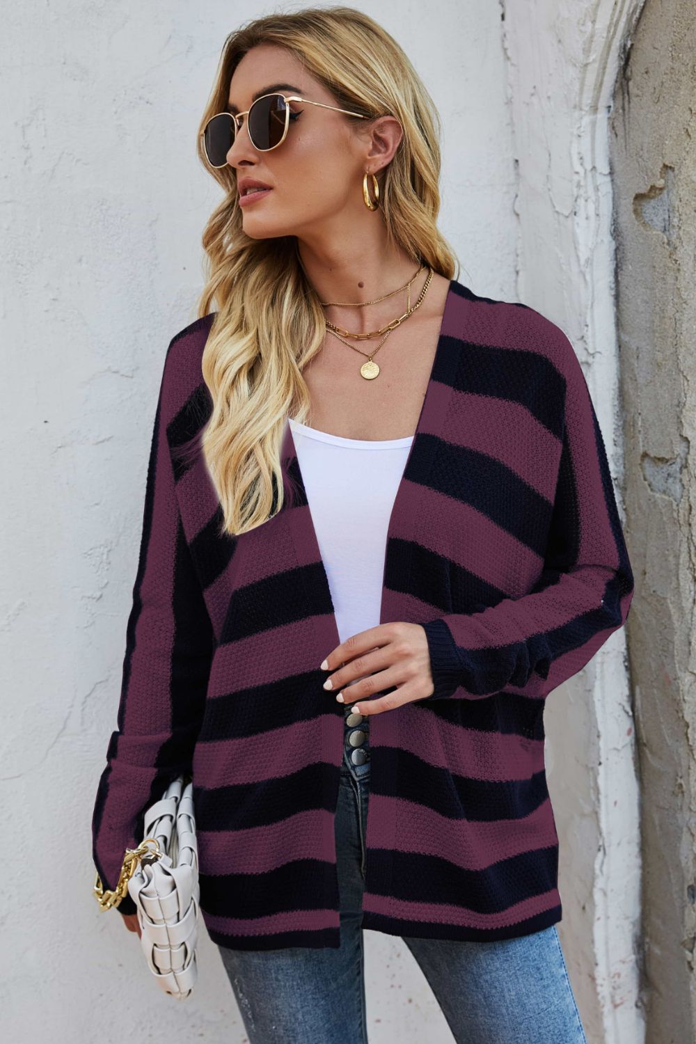 swvws Striped Dolman Sleeve Open Front Cardigan