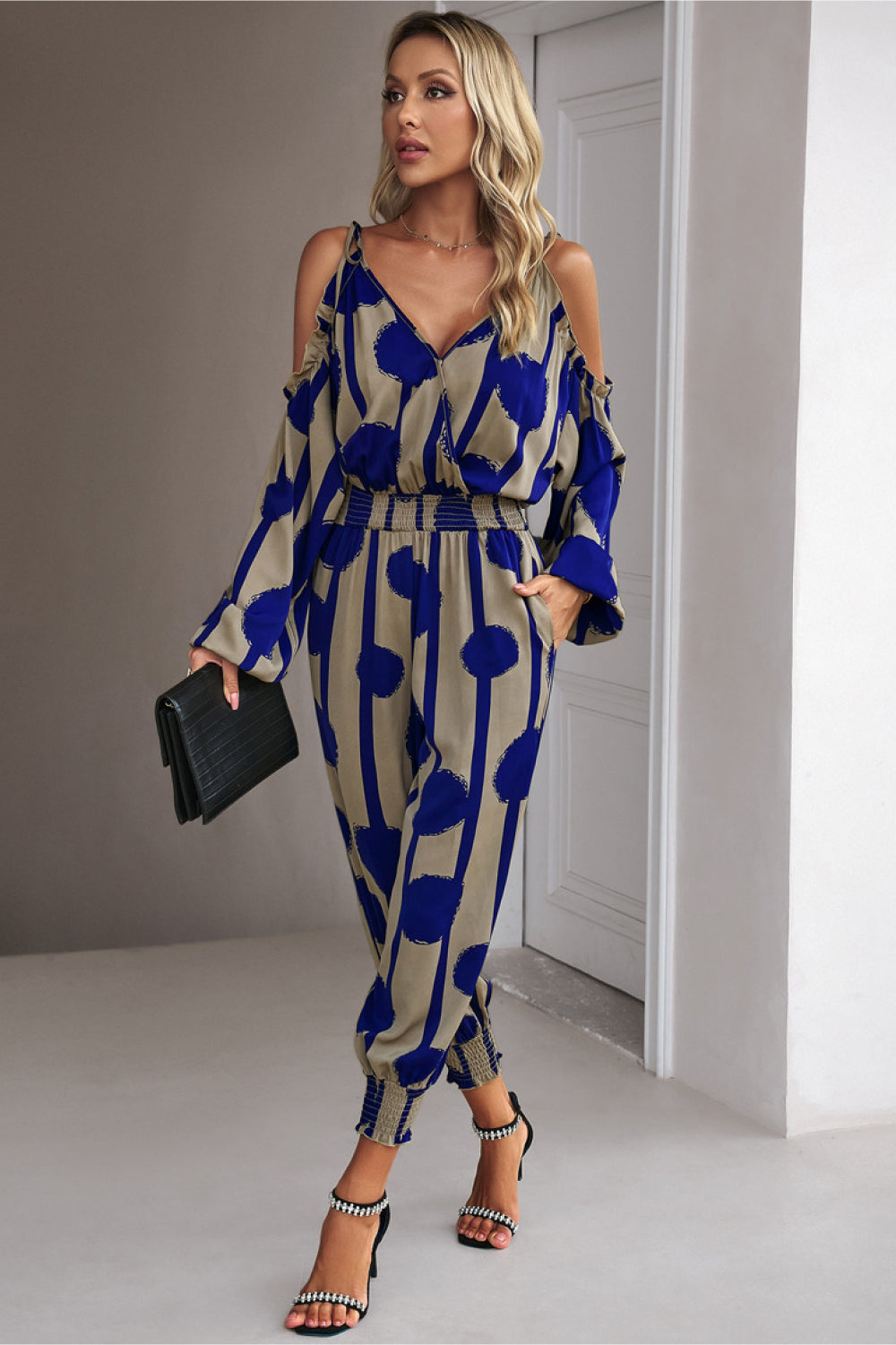 swvws Printed Cold-Shoulder Surplice Neck Jumpsuit