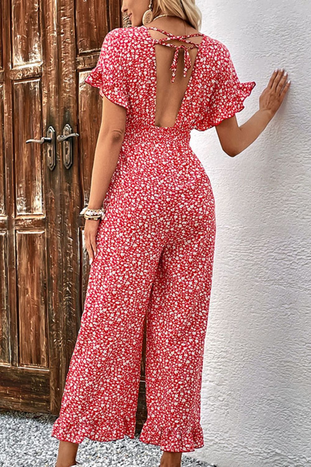 swvws Printed Tie Back Ruffled Jumpsuit