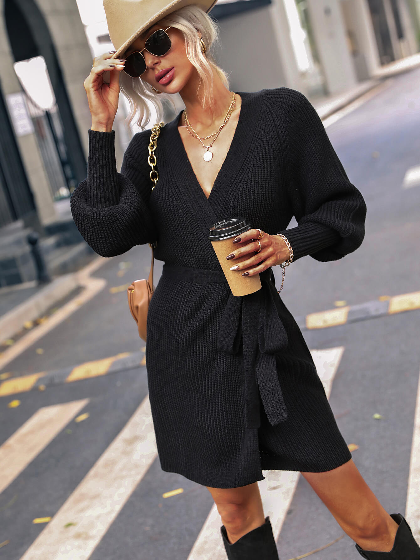 swvws Belted Surplice Lantern Sleeve Wrap Sweater Dress