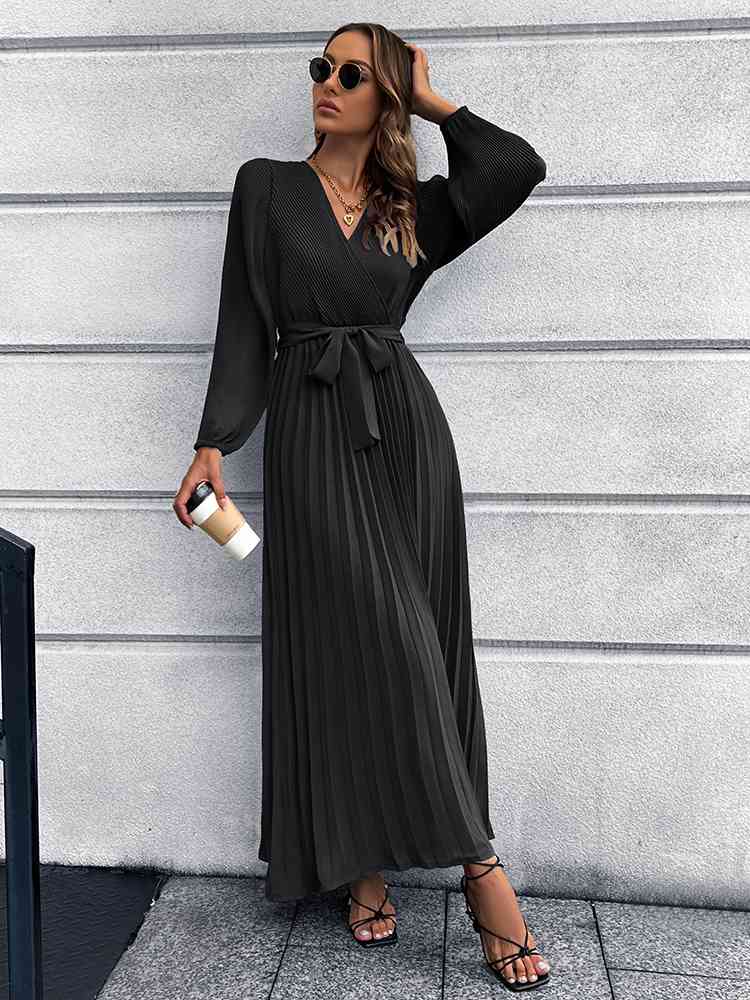 swvws V-Neck Tie Waist Pleated Maxi Dress