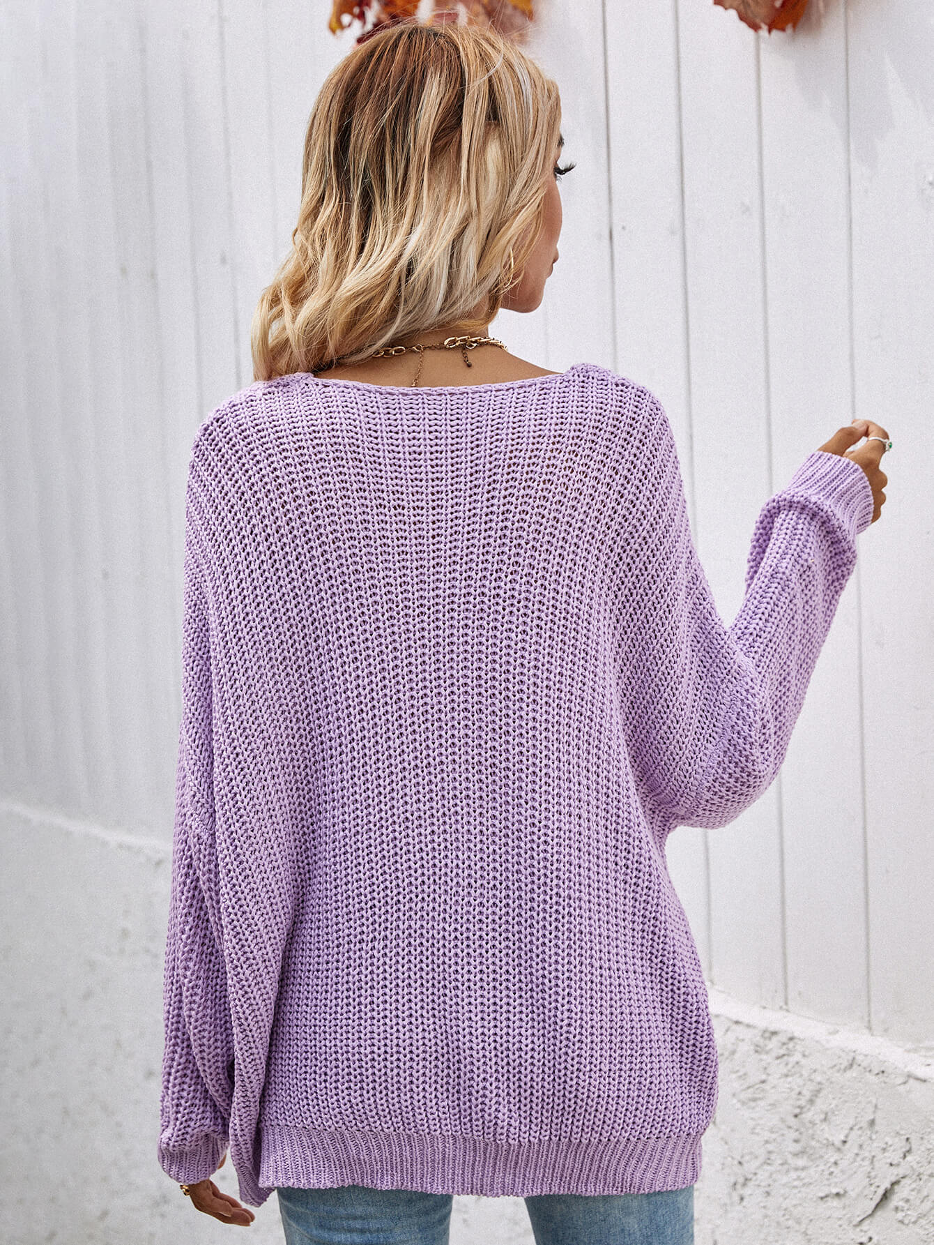 swvws Rib-Knit Drop Shoulder V-Neck Pullover Sweater