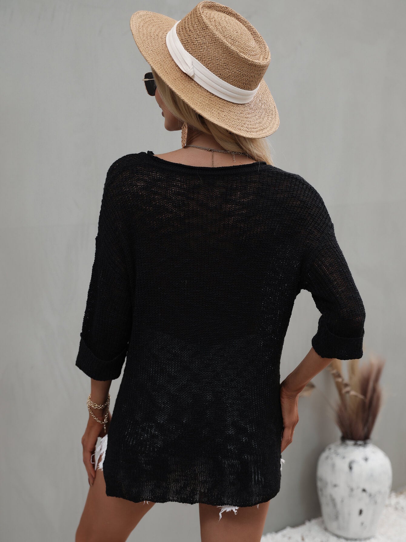 swvws Notched Side Slit Drop Shoulder Sweater