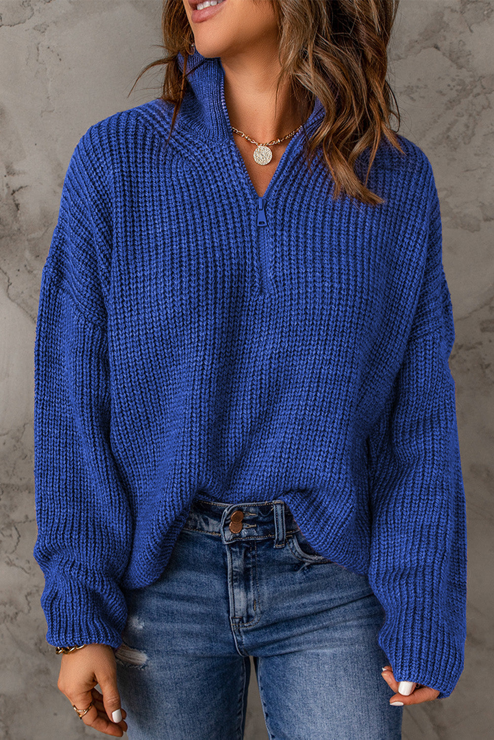 swvws Half Zip Rib-Knit Dropped Shoulder Sweater