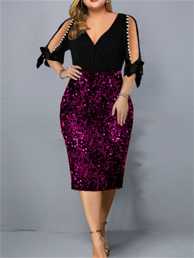 Sixsr Cold Shoulder V-Neck Sequin Dress