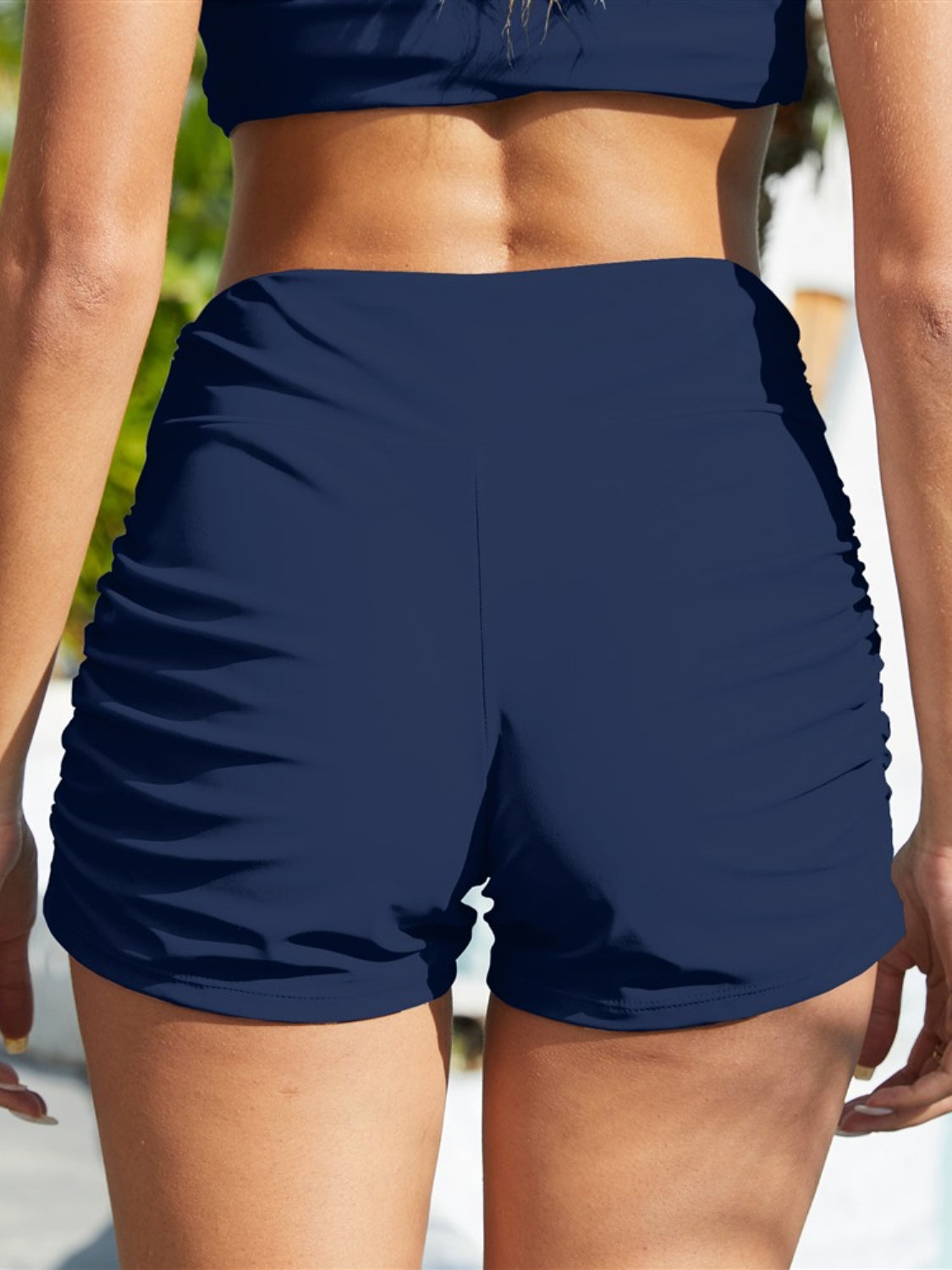 swvws Ruched Mid-Rise Waist Swim Shorts