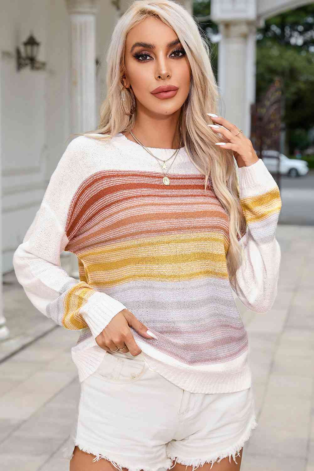 swvws Round Neck Printed Dropped Shoulder Knit Top