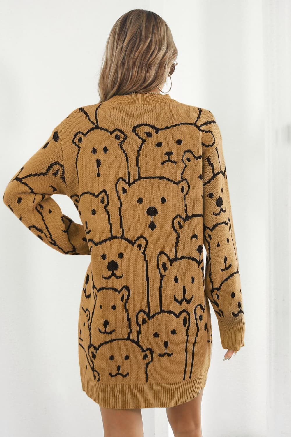 swvws Bear Pattern Round Neck Sweater Dress