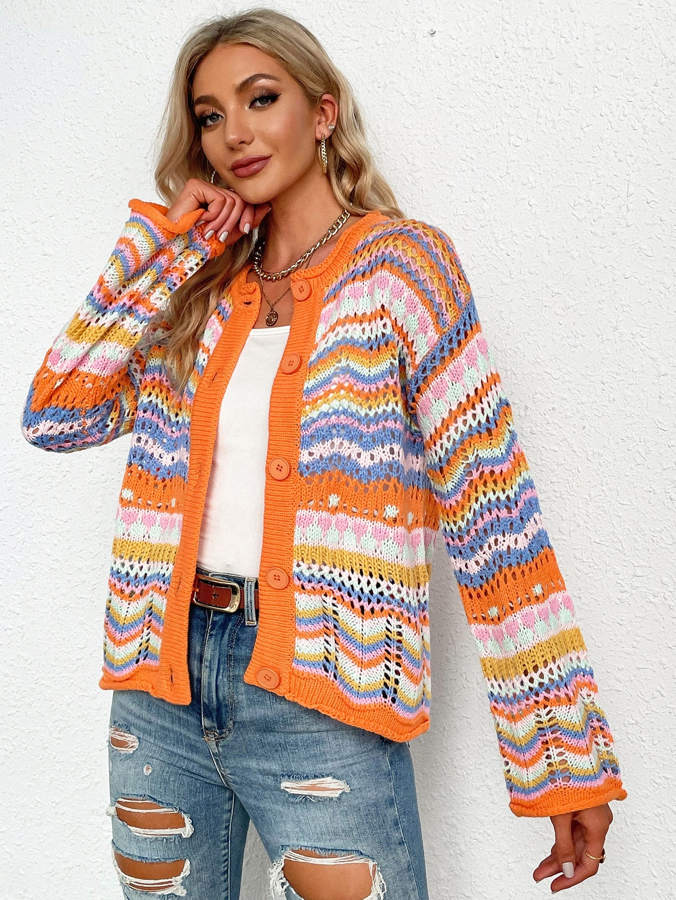 swvws Chevron Stripes Openwork Cardigan