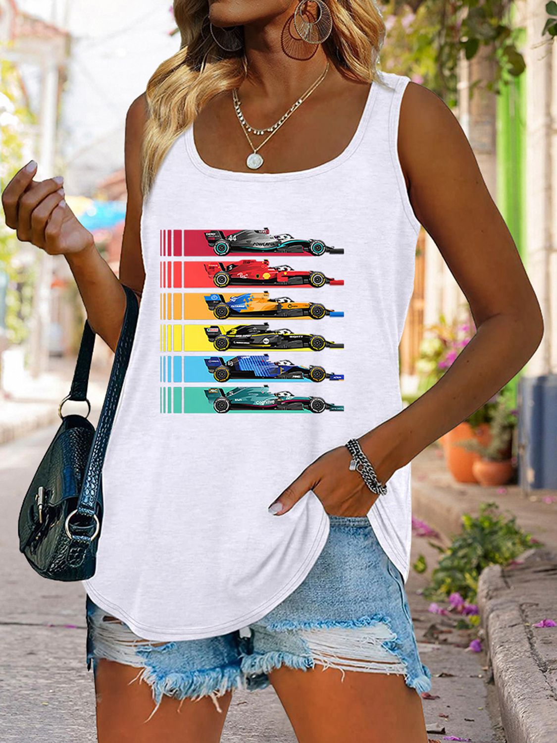 swvws Scoop Neck Race Car Graphic Tank Top