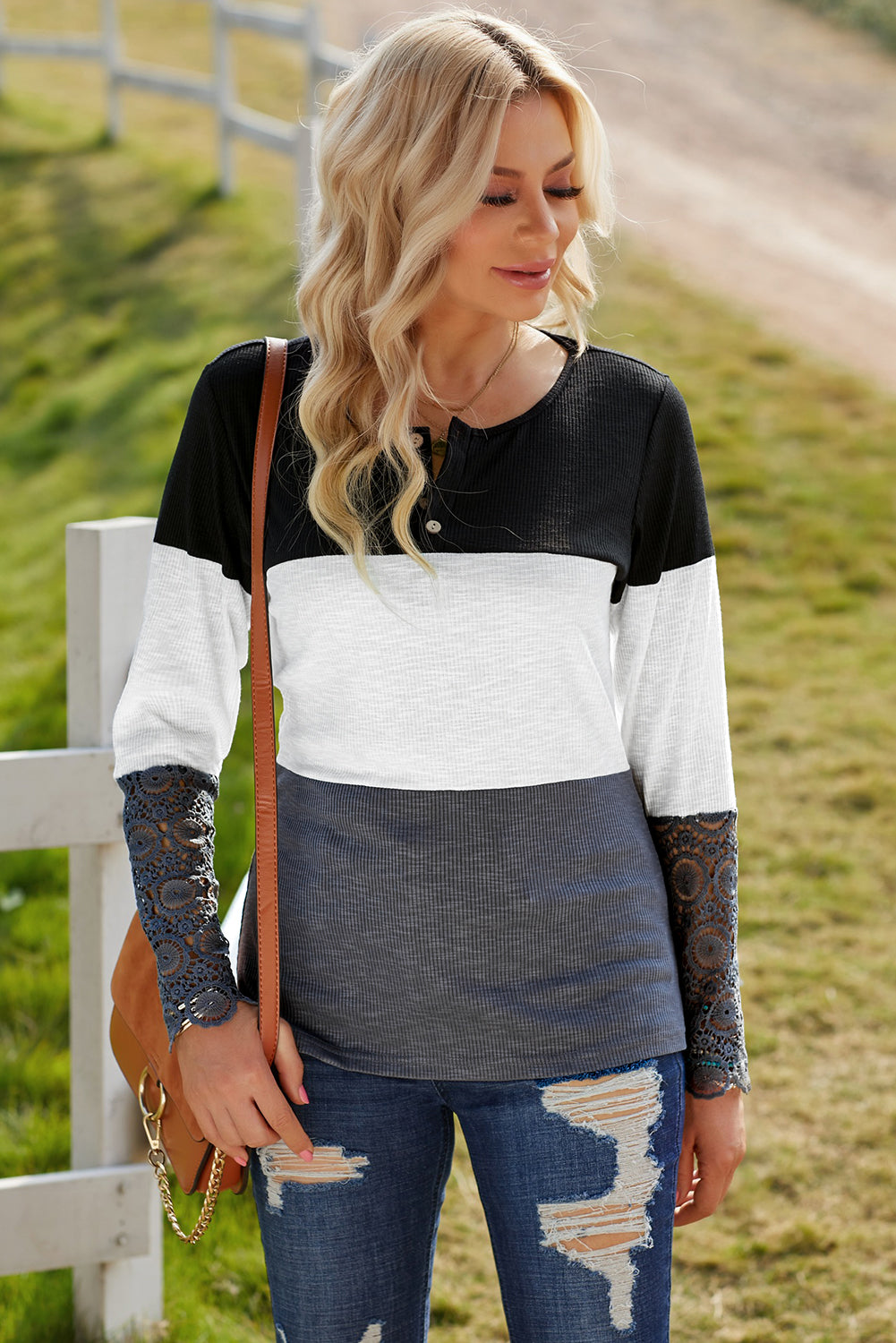 swvws Color Block Spliced Lace Sleeve Ribbed Top