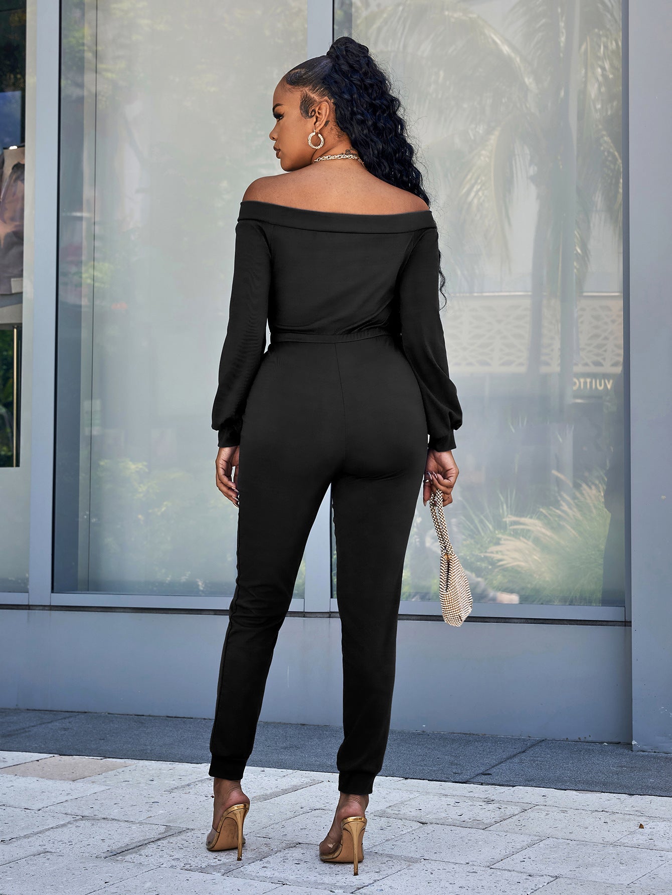 swvws Lace-Up Off-Shoulder Long Sleeve Jumpsuit