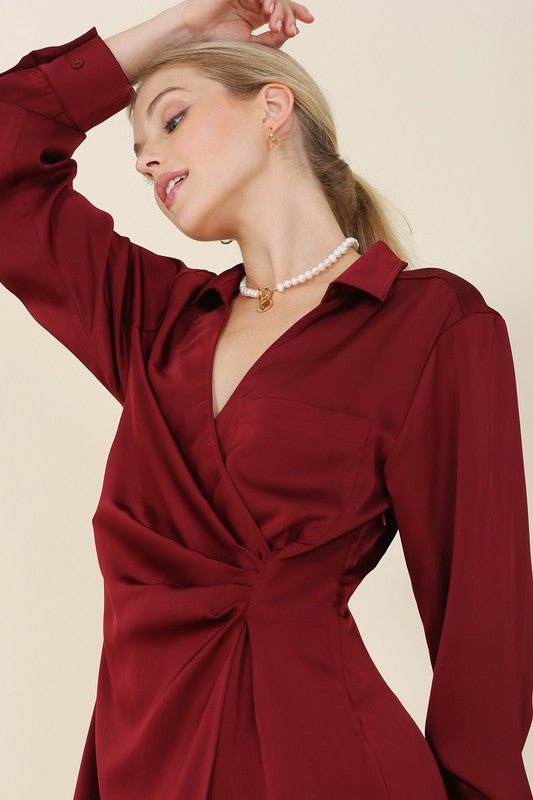 swvws Satin collared wrap mini dress