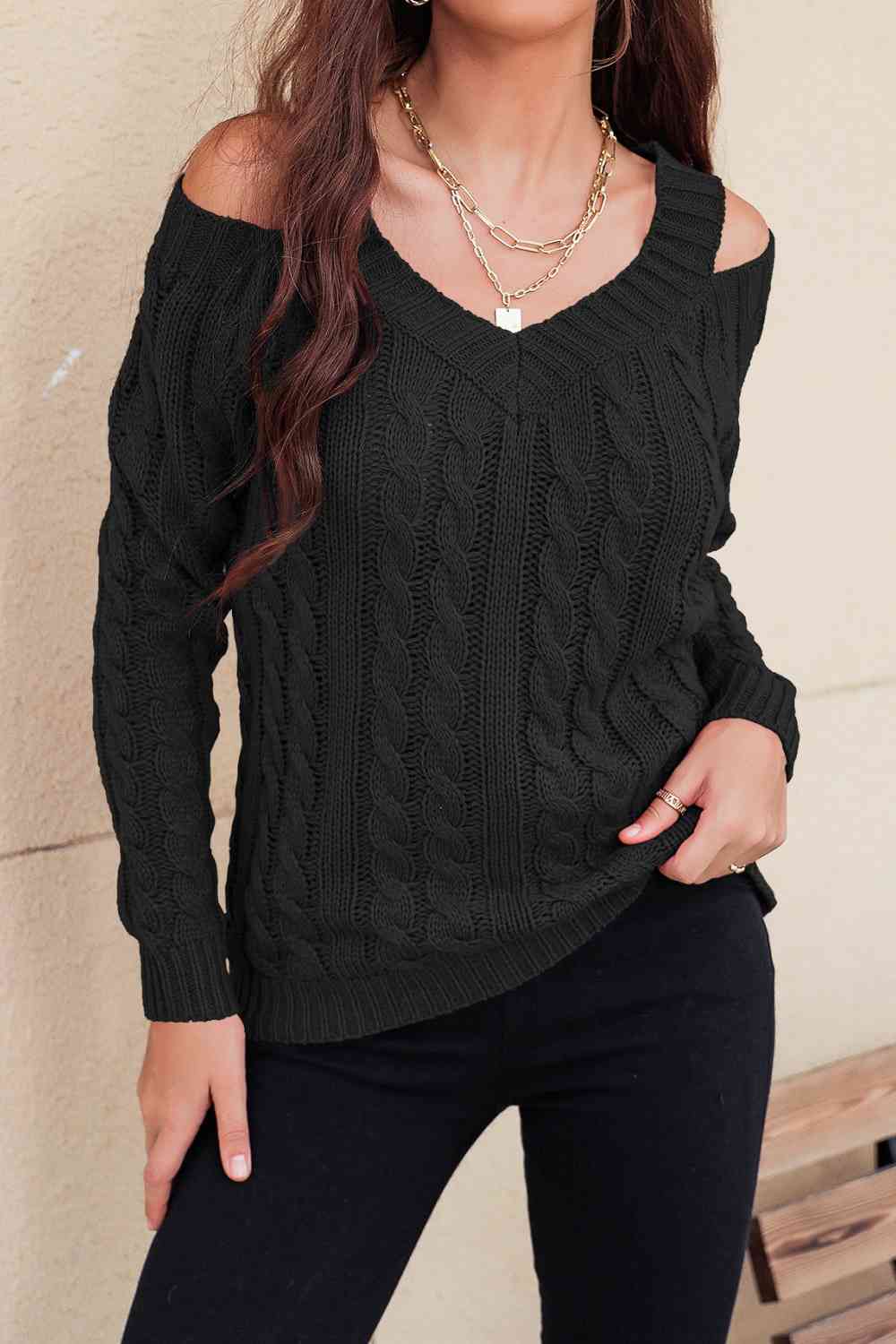 swvws Woven Right Cable-Knit Cold-Shoulder Long Sleeve Sweater