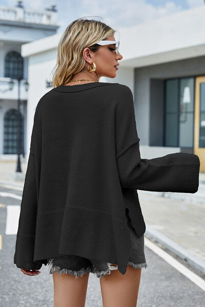 swvws High-Low Slit Round Neck Long Sleeve Sweater