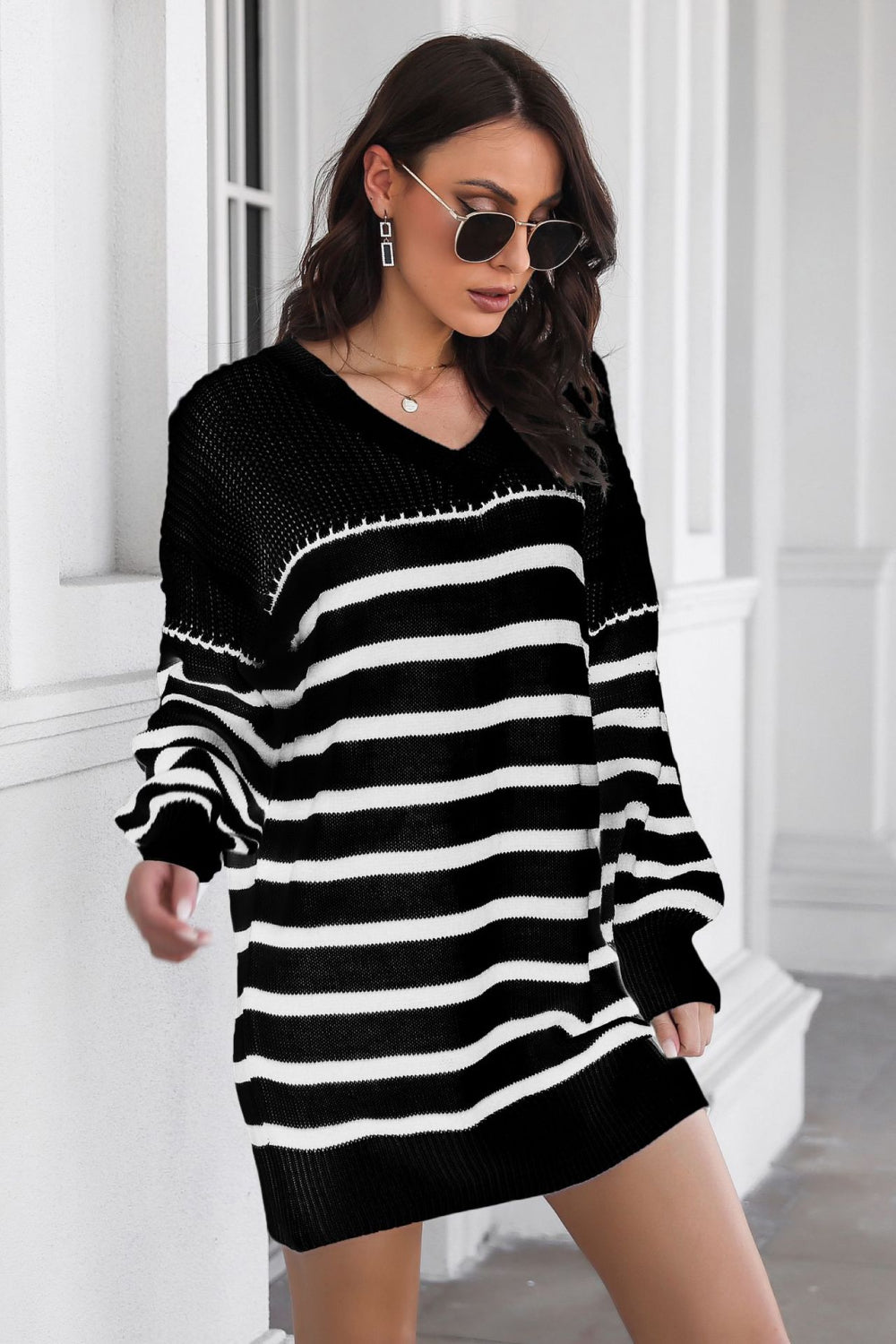 swvws Striped V-Neck Drop Shulder Sweater Dress